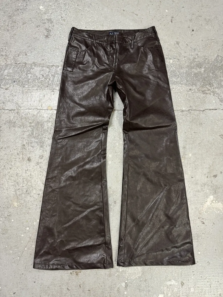 2000s Armani Brown Eco Leather Buttoned Pants