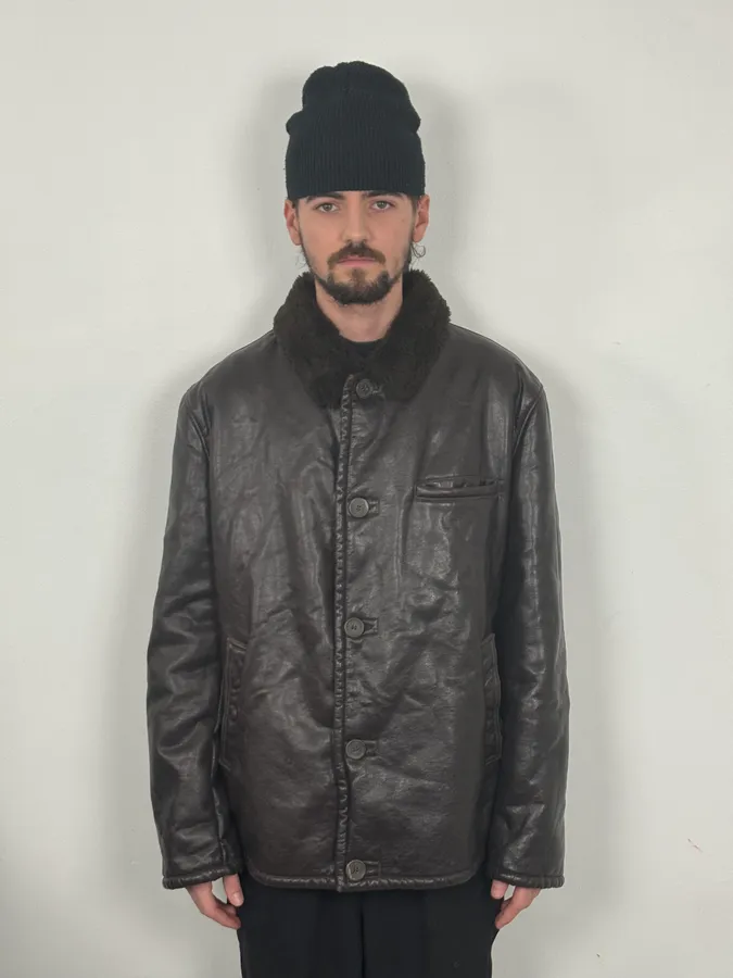 2000s Armani Brown Eco Shearling Leather Jacket - Image 2
