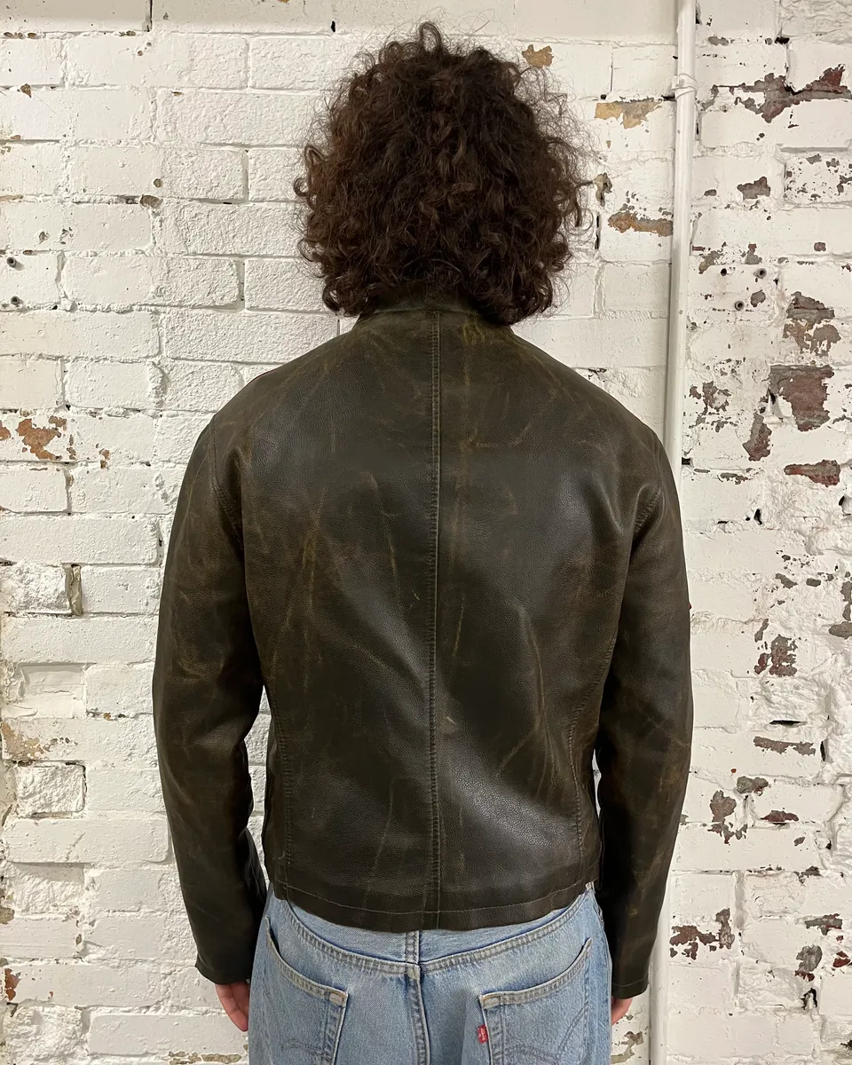 2000s Armani Brown Faded Leather Biker Jacket - Image 3
