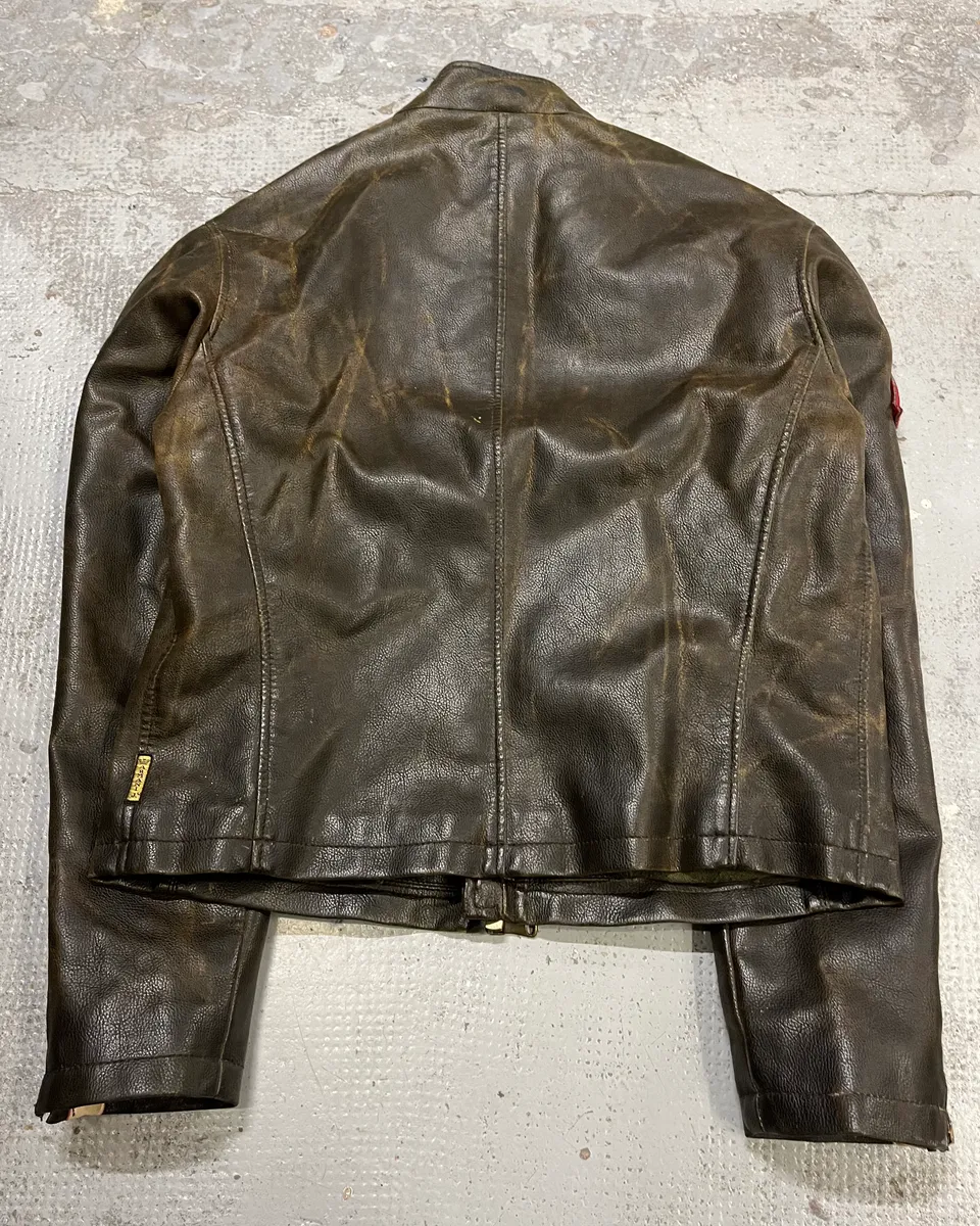 2000s Armani Brown Faded Leather Biker Jacket - Image 7