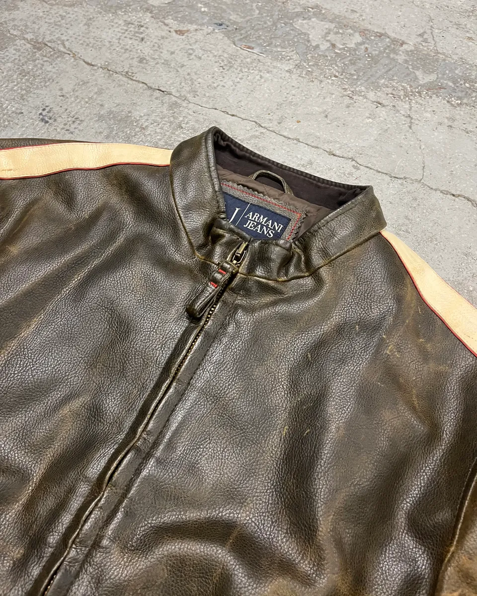 2000s Armani Brown Leather Stripe Biker Leather Jacket - Image 5
