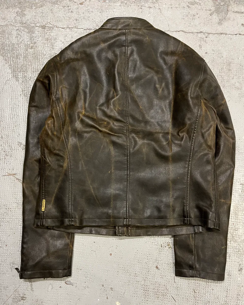 2000s Armani Brown Leather Stripe Biker Leather Jacket - Image 7