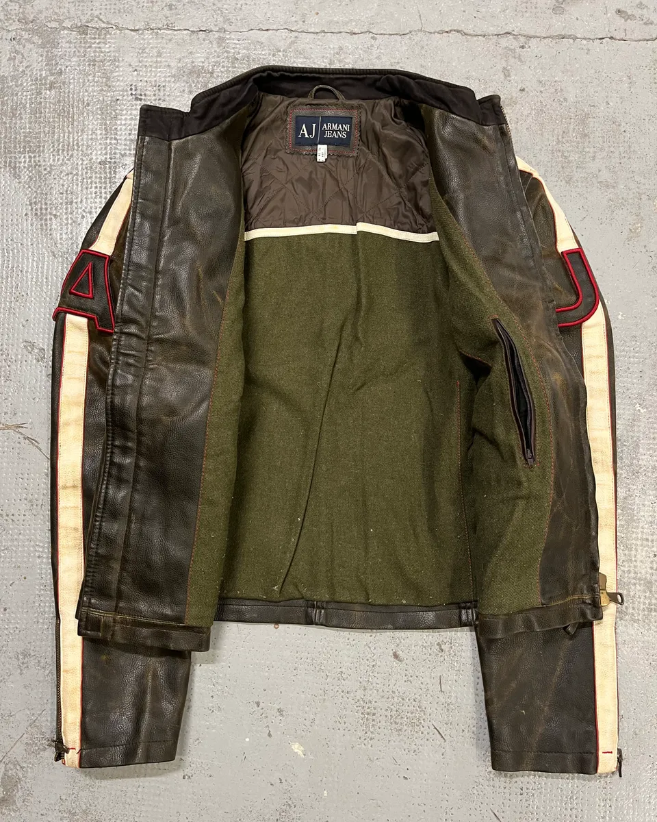 2000s Armani Brown Leather Stripe Biker Leather Jacket - Image 8