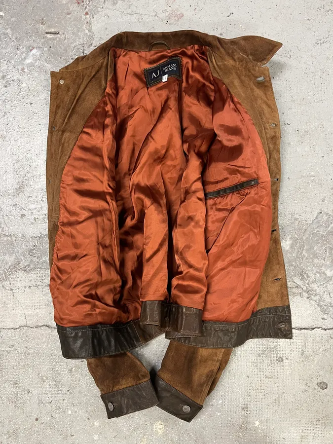 2000s Armani Brown Suede Leather Trucker Jacket - Image 7