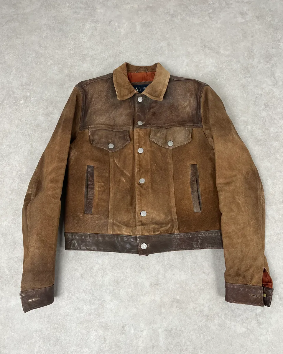 2000s Armani Brown Suede Leather Two Tone Trucker Jacket - Image 3