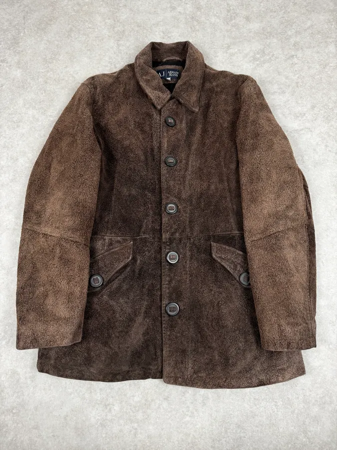 2000s Armani Brown Texture Leather Buttoned Jacket