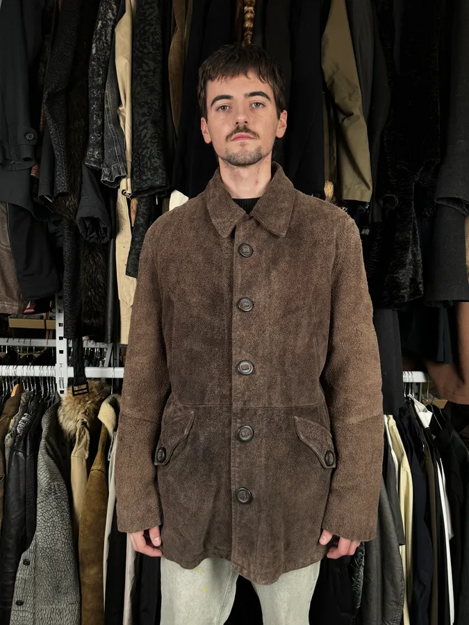 2000s Armani Brown Texture Leather Buttoned Jacket - Image 2