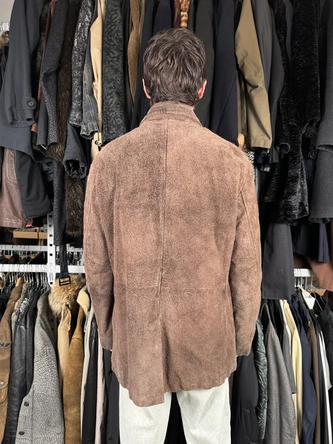 2000s Armani Brown Texture Leather Buttoned Jacket - Image 3
