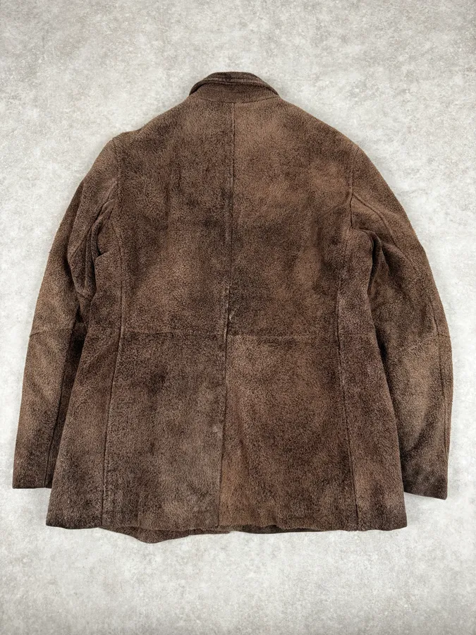 2000s Armani Brown Texture Leather Buttoned Jacket - Image 4