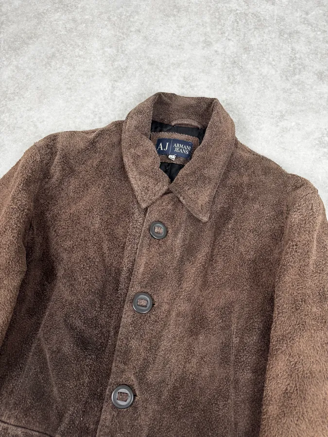 2000s Armani Brown Texture Leather Buttoned Jacket - Image 5