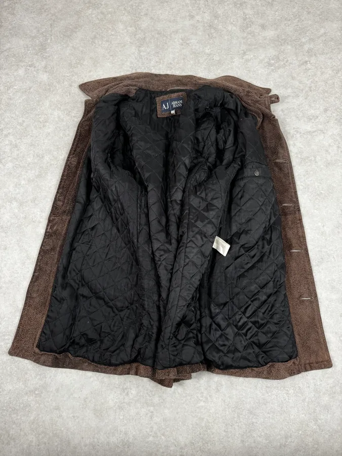 2000s Armani Brown Texture Leather Buttoned Jacket - Image 7