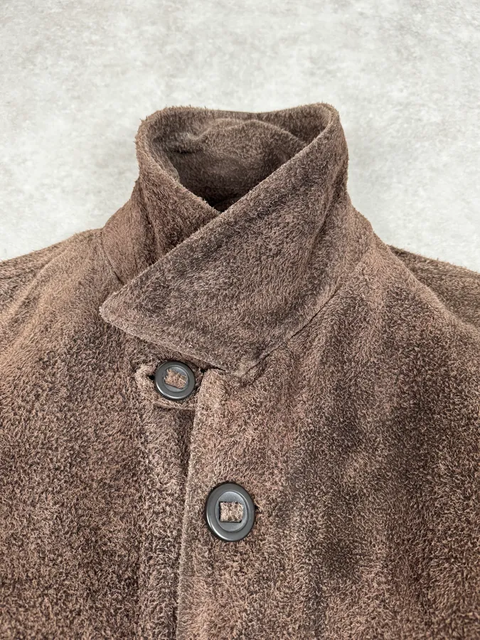 2000s Armani Brown Texture Leather Buttoned Jacket - Image 8