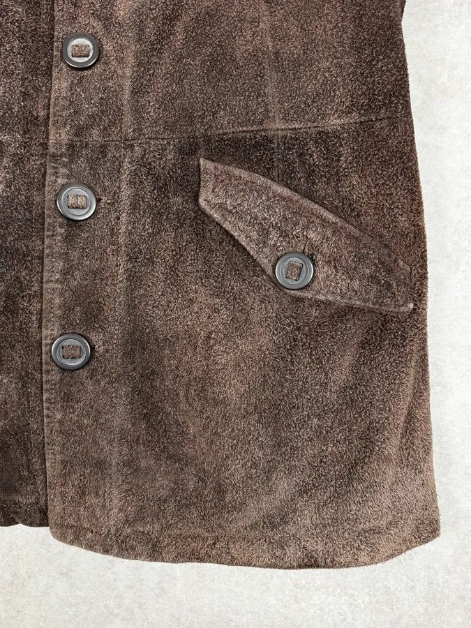 2000s Armani Brown Texture Leather Buttoned Jacket - Image 9