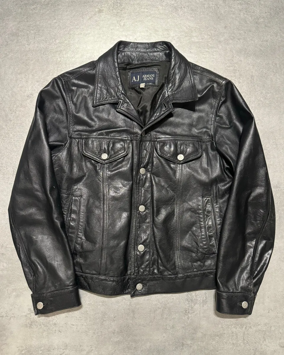 2000s Armani Buttoned Black Leather Jacket - Image 7