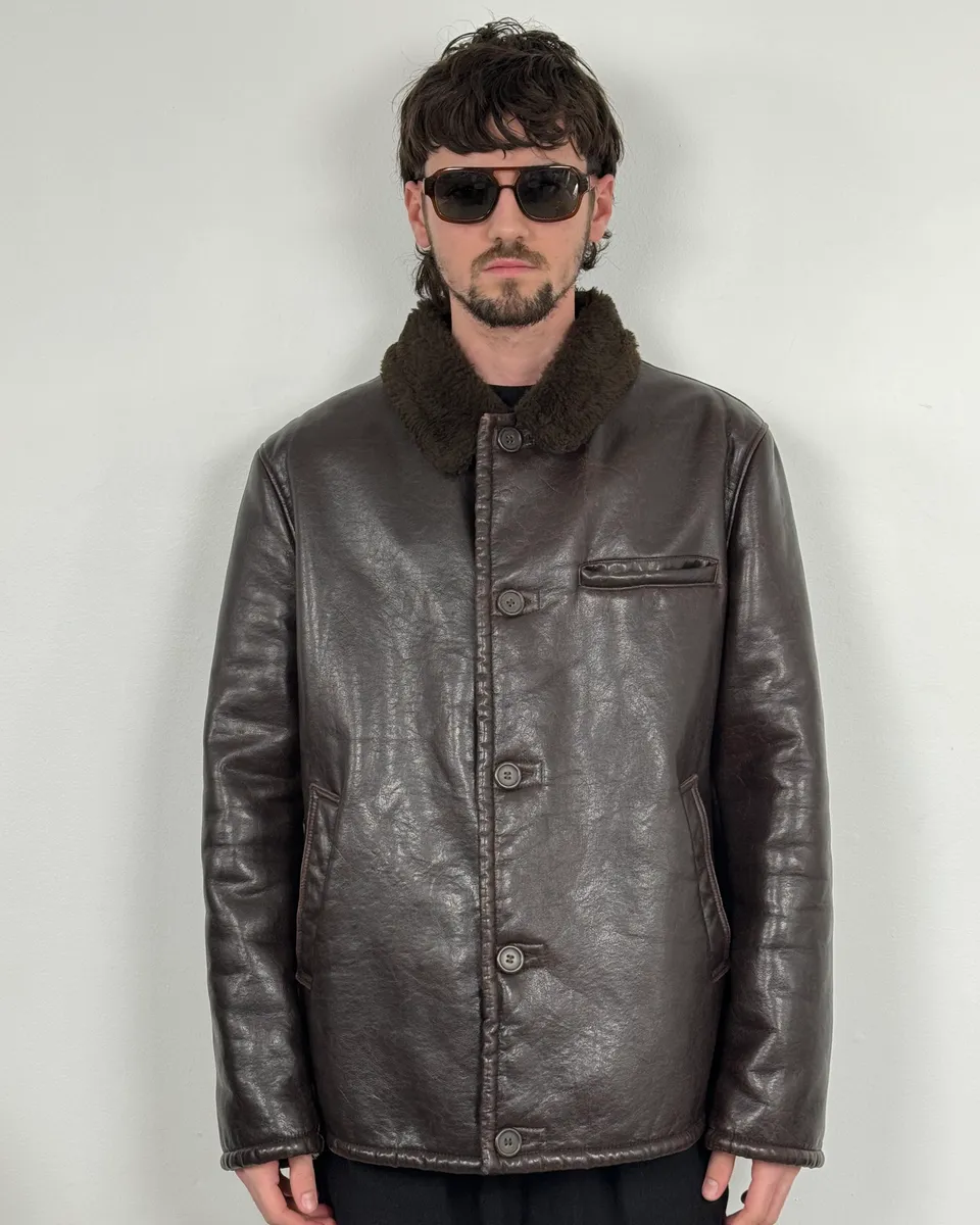 2000s Armani Buttoned Faux Leather Collar Brown Jacket - Image 2