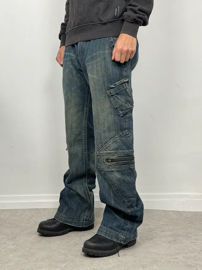 2000s Armani Cargo Blue Faded Denim Jeans - Image 2
