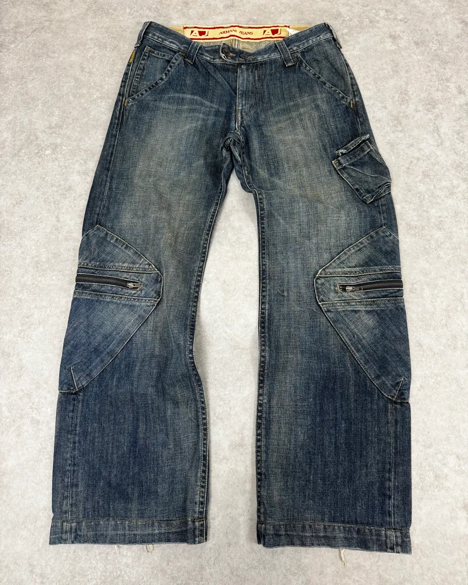 2000s Armani Cargo Blue Faded Denim Jeans - Image 3