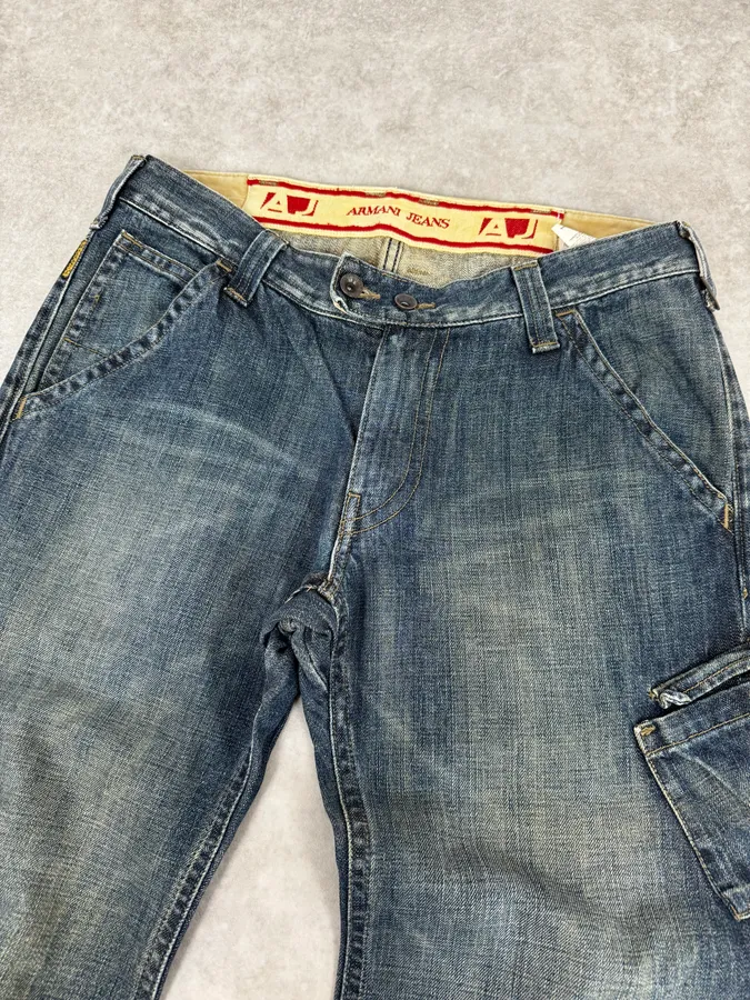 2000s Armani Cargo Blue Faded Denim Jeans - Image 6