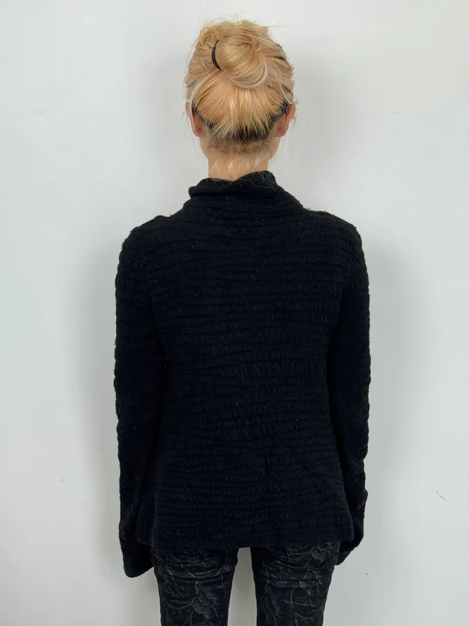 2000s Armani Collezioni Black Asymmetrical Pleats Officer Cardigan Jacket - Image 3