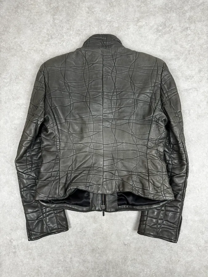2000s Armani Collezioni Grey Geommetrical Biker Leather Jacket - Image 4