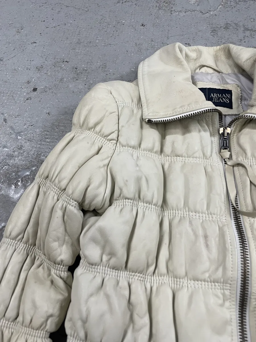 2000s Armani Creamy Leather Puffer Jacket - Image 11