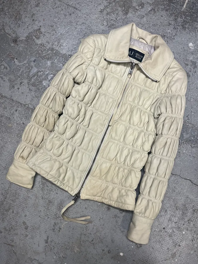 2000s Armani Creamy Leather Puffer Jacket - Image 2