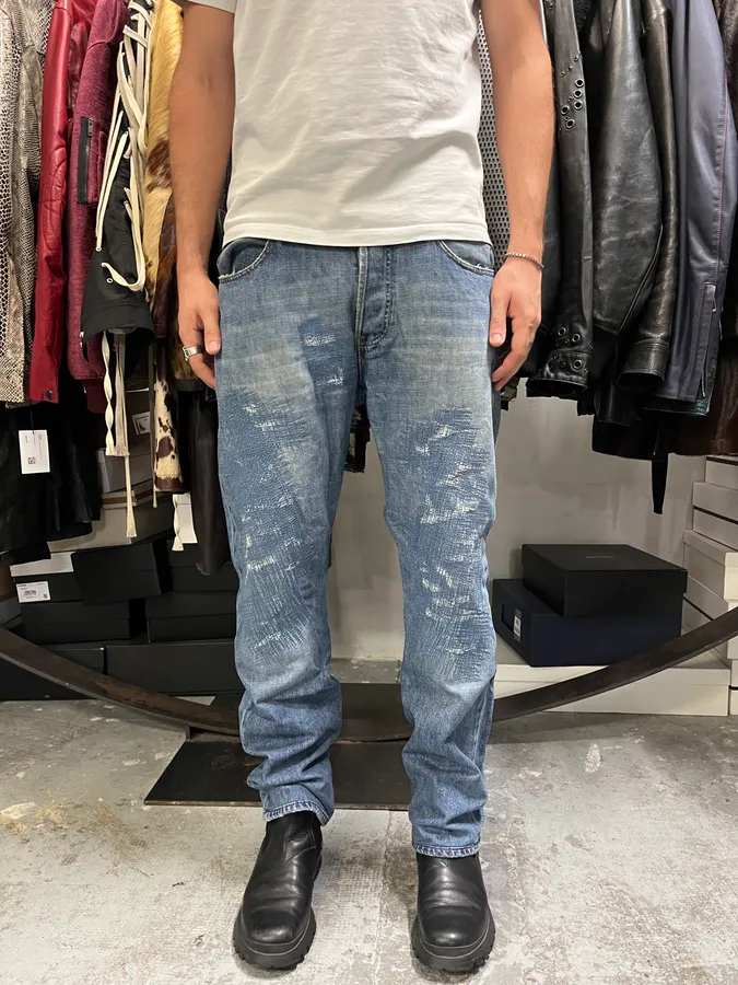 2000s Armani Distressed Reinforced Blue Denim Jeans - Image 2