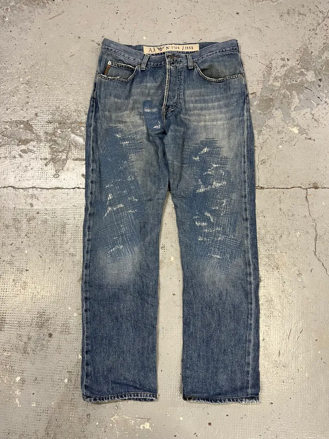 2000s Armani Distressed Reinforced Blue Denim Jeans - Image 3
