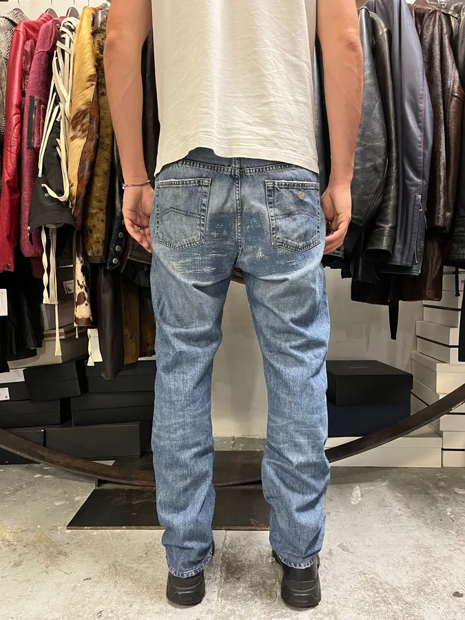 2000s Armani Distressed Reinforced Blue Denim Jeans - Image 5