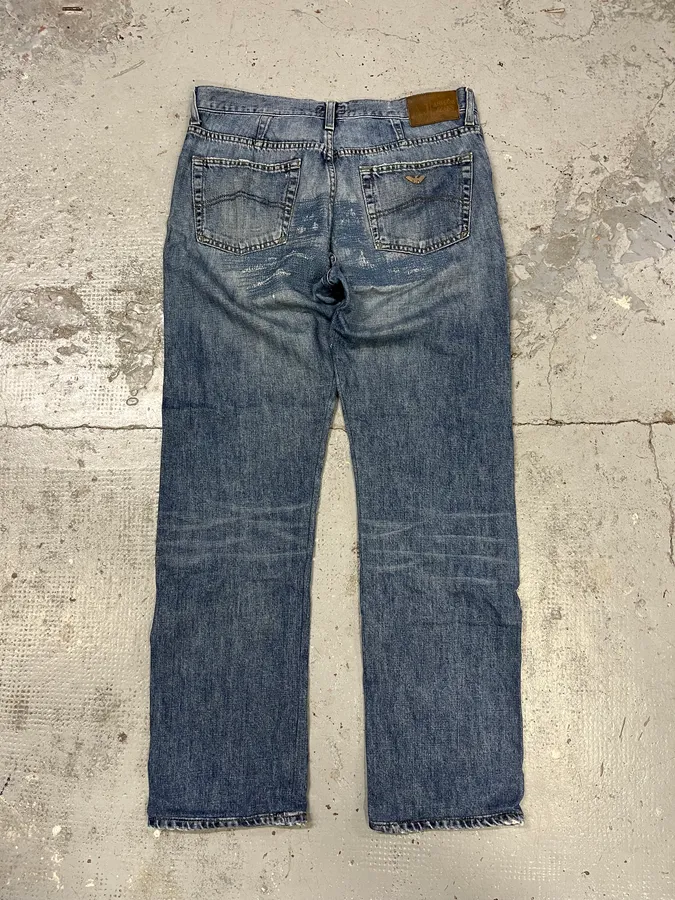 2000s Armani Distressed Reinforced Blue Denim Jeans - Image 8