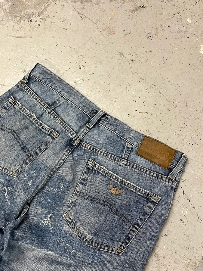 2000s Armani Distressed Reinforced Blue Denim Jeans - Image 9