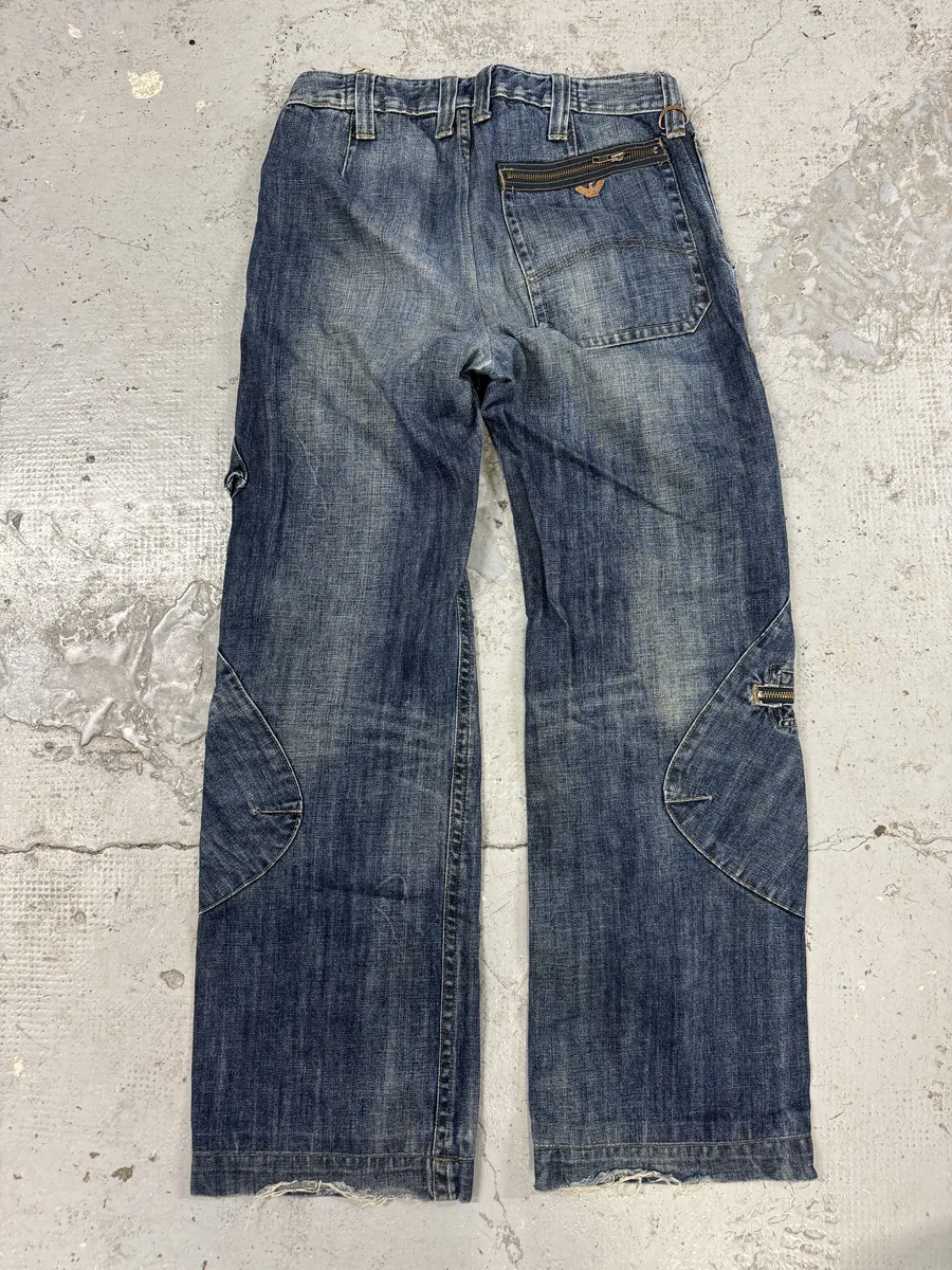2000s Armani Double Knee Blue Denim Cargo Jeans - Image 5