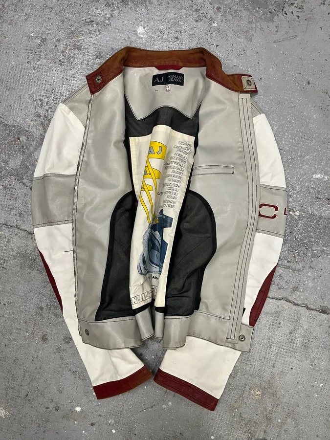 2000s Armani European White & Red Biker Leather Jacket - Image 9