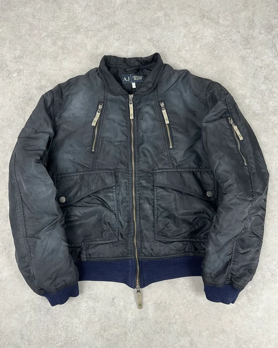 2000s Armani Faded Black Nylon Zip Multi-Pocket Bomber Jacket