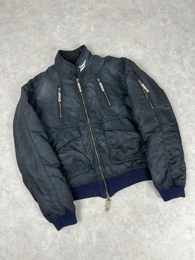 2000s Armani Faded Black Nylon Zip Multi-Pocket Bomber Jacket - Image 5