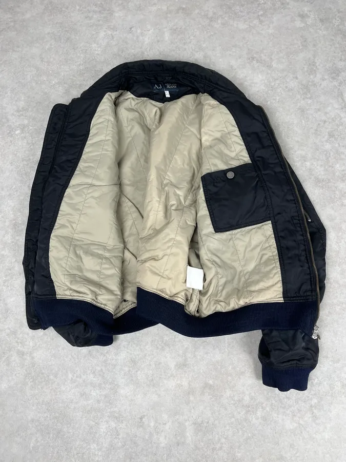 2000s Armani Faded Black Nylon Zip Multi-Pocket Bomber Jacket - Image 8