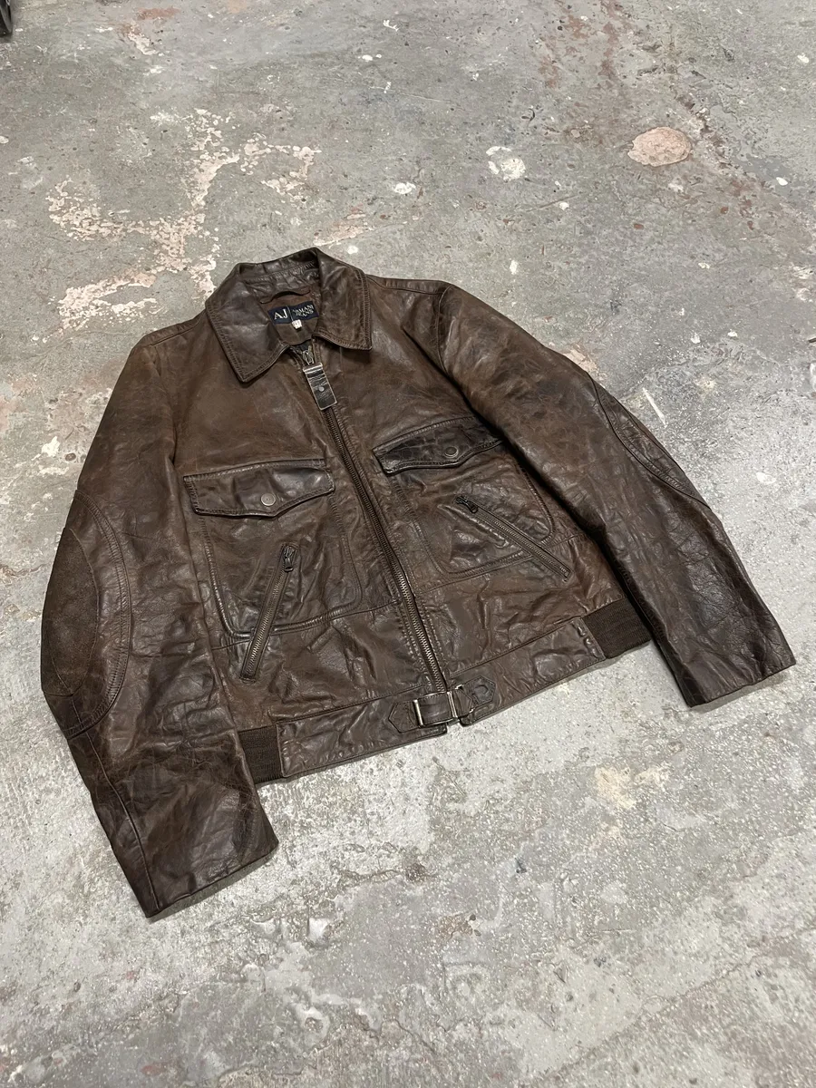 2000s Armani Faded Brown Padded Leather Jacket - Image 8