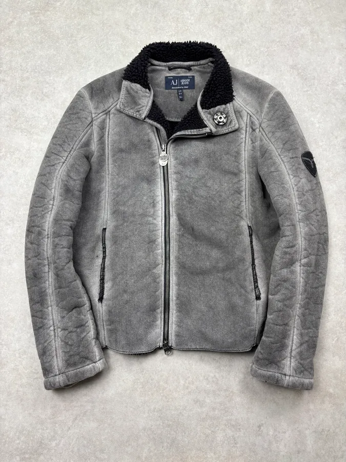 2000s Armani Grey Eroded Fleece-Lined Jacket