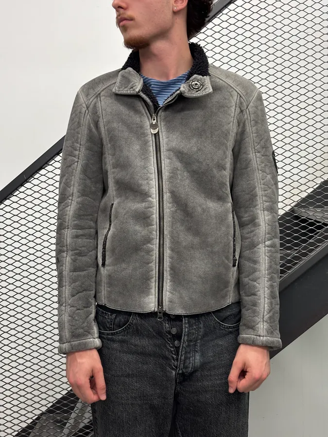 2000s Armani Grey Eroded Fleece-Lined Jacket - Image 2