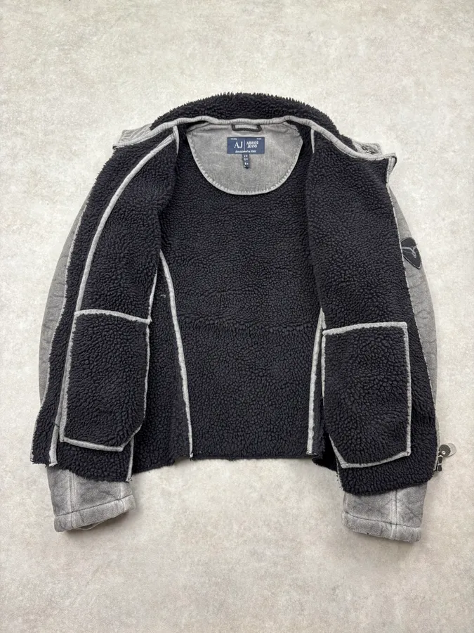 2000s Armani Grey Eroded Fleece-Lined Jacket - Image 7