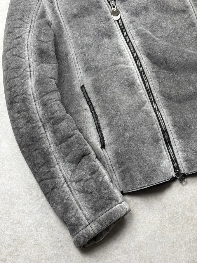 2000s Armani Grey Eroded Fleece-Lined Jacket - Image 8