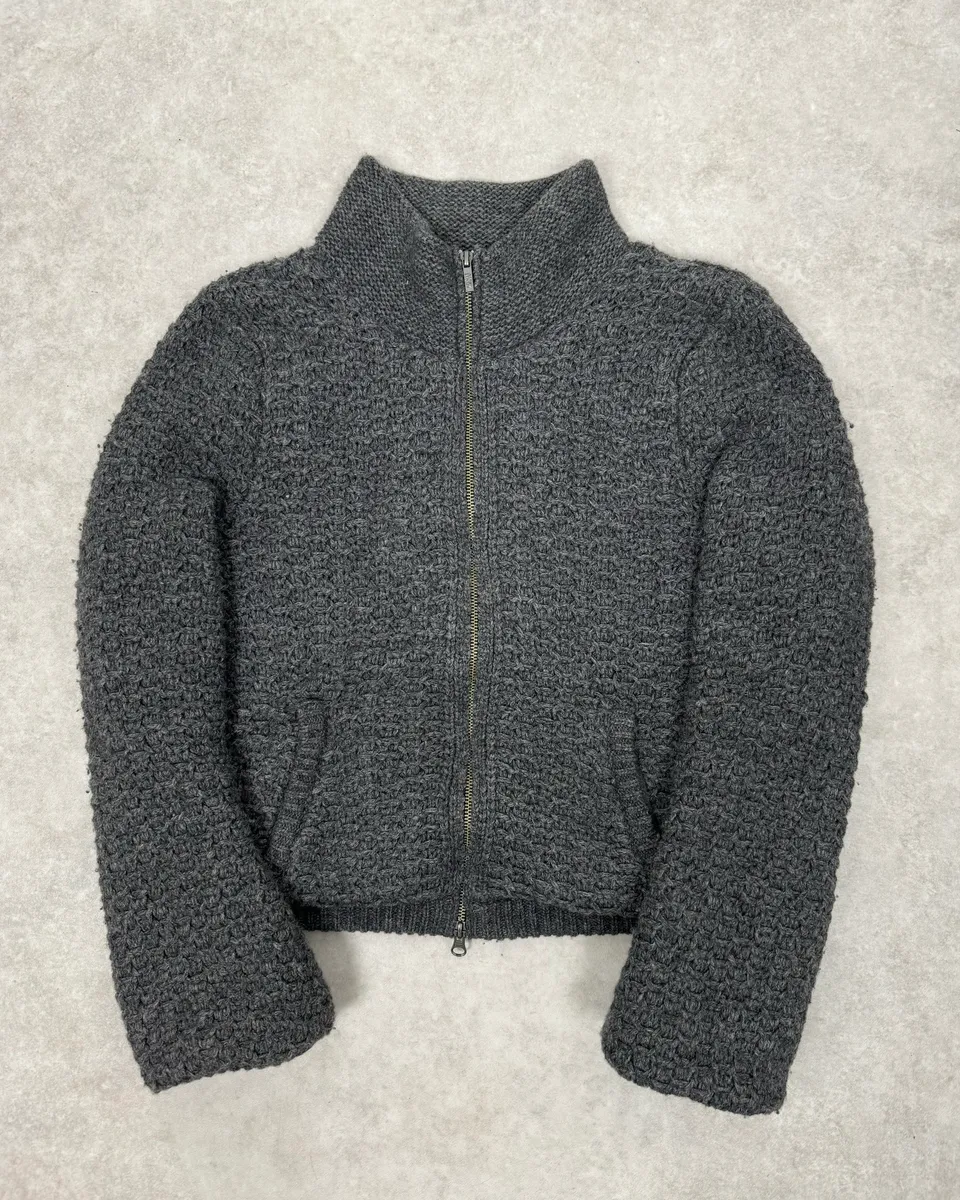 2000s Armani Grey Waffled Wool Zip-up Sweater