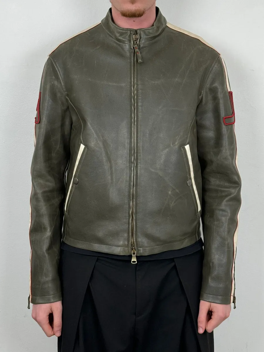 2000s Armani Grey & White AJ Biker Leather Jacket - Image 2