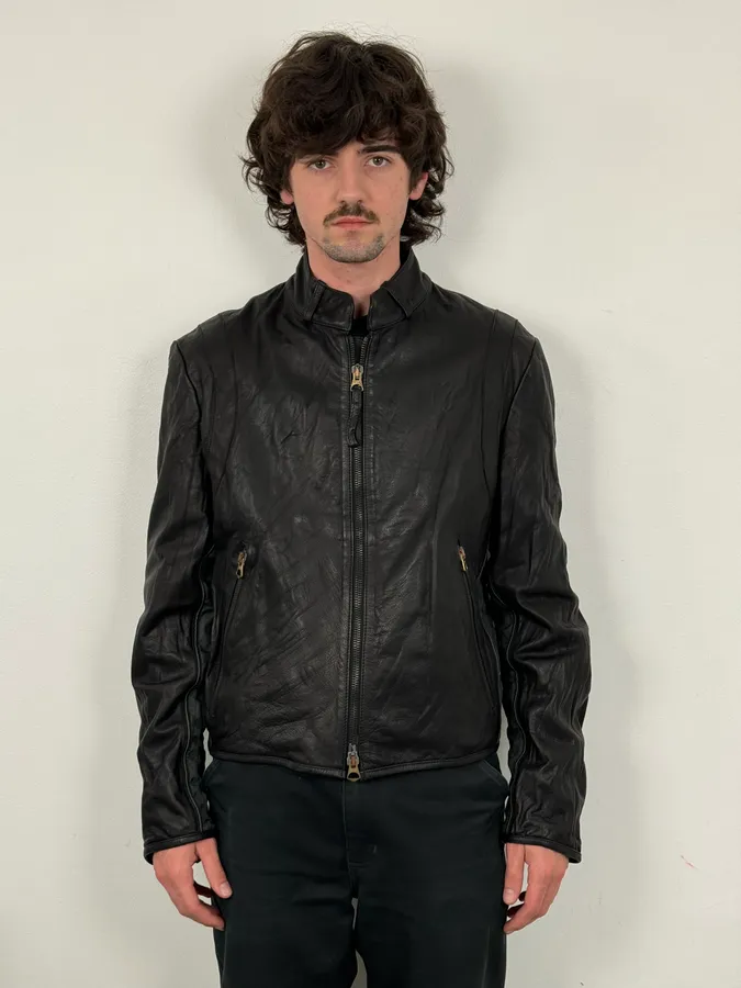 2000s Armani Hybrid Black & Green Leather Biker Jacket - Image 2