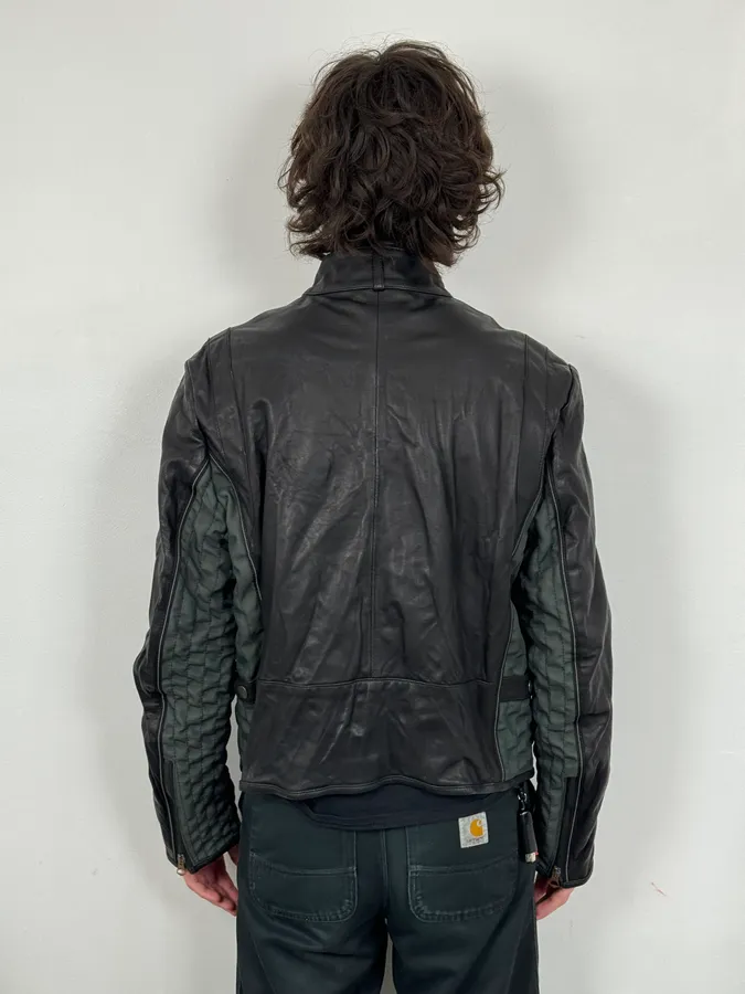 2000s Armani Hybrid Black & Green Leather Biker Jacket - Image 3