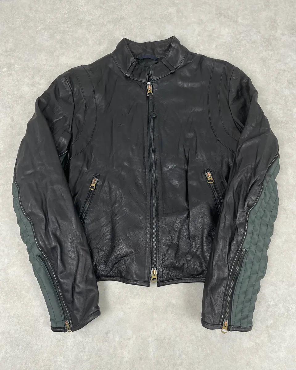 2000s Armani Hybrid Black & Green Leather Biker Jacket - Image 4