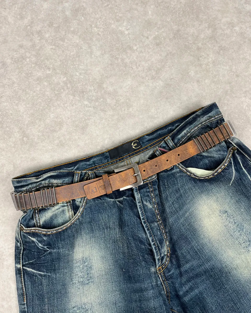 2000s Armani Metal Avant-Garde Aged Brown Leather Belt