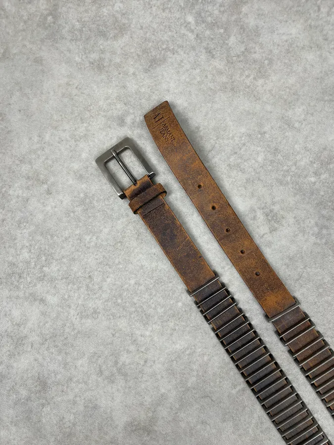 2000s Armani Metal Avant-Garde Aged Brown Leather Belt - Image 2
