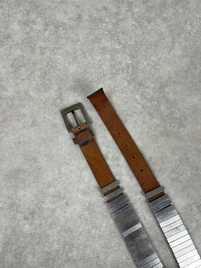 2000s Armani Metal Avant-Garde Aged Brown Leather Belt - Image 3