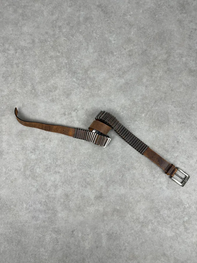 2000s Armani Metal Avant-Garde Aged Brown Leather Belt - Image 5